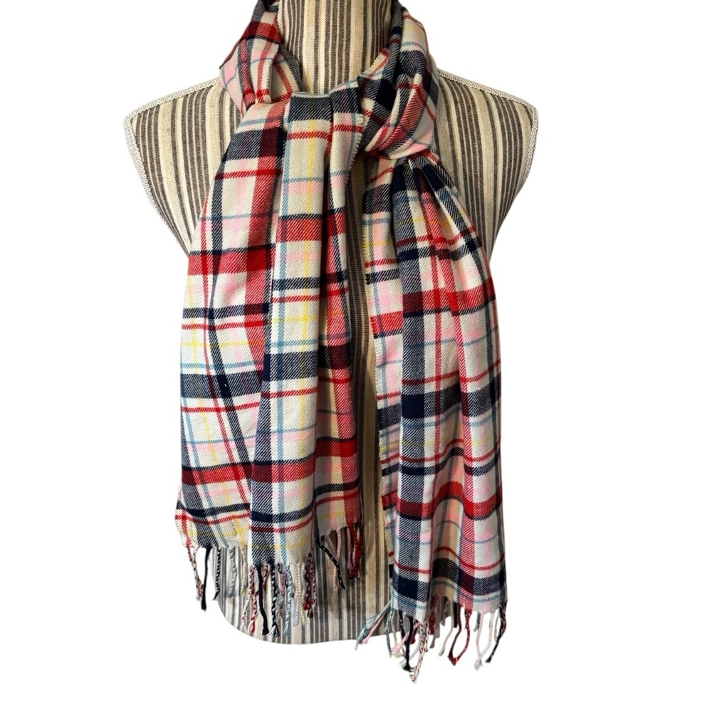 Lands' End Scarf Multicolor Plaid White Blue Red Pink Rope Fringe Cozy Soft - Picture 3 of 10